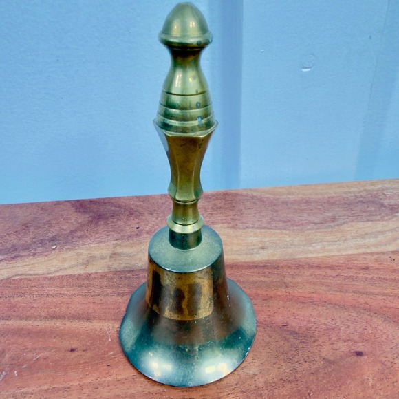 Vintage Solid Brass Hand Bell Made in India 6 Inch Tall Ornate Handle Gold Tone - Picture 1 of 8